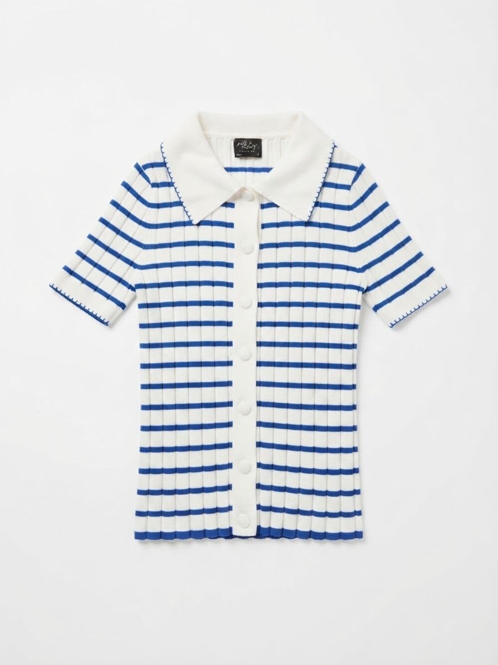 MILK & HONEY KNITWEAR Women Blue & White Striped Knit Polo Top Size M wORK BASIC